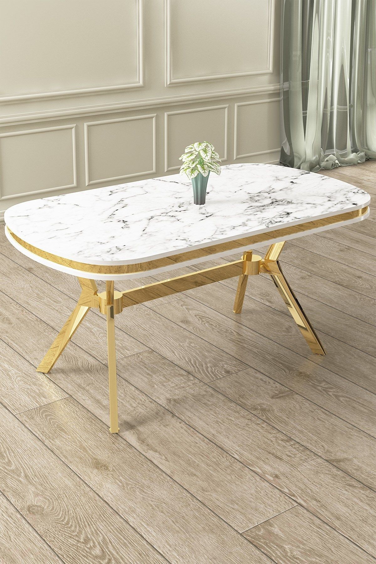 Epal Serisi 90x168 Lak Panel Beyaz Mermer Desen Masa ve 6 Sandalye Gold Kaplama Ayak
