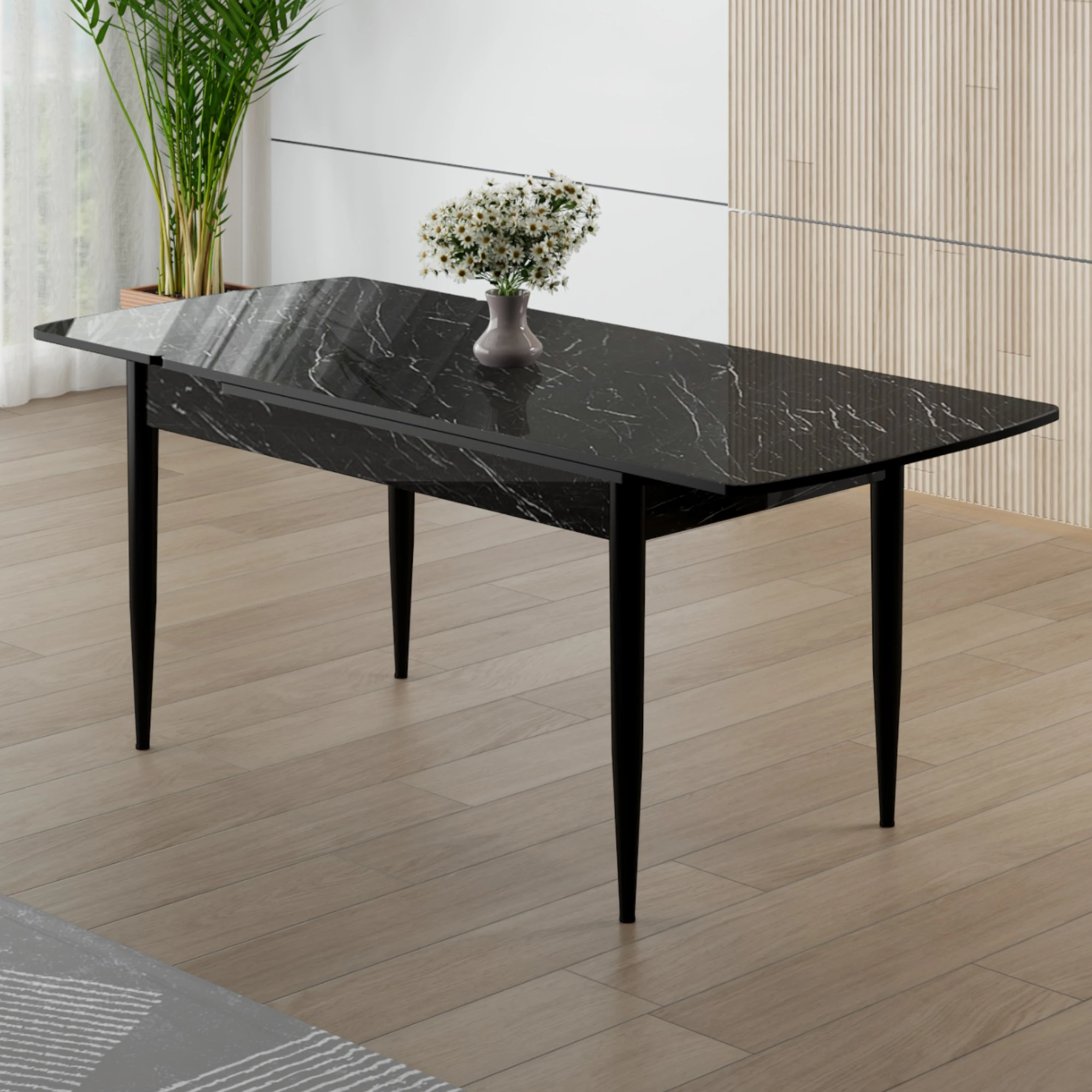 Asfel Serisi MDF 77x130 Siyah Mermer Desen Yandan Açılabilir Mutfak Masa Takımı 4 Sandalye