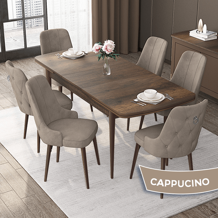 Nex Serisi 80x132 Mdf Açılabilir Gümüş Halka Barok Ahşap Desen Masa Takımı Ve 6 Sandalye