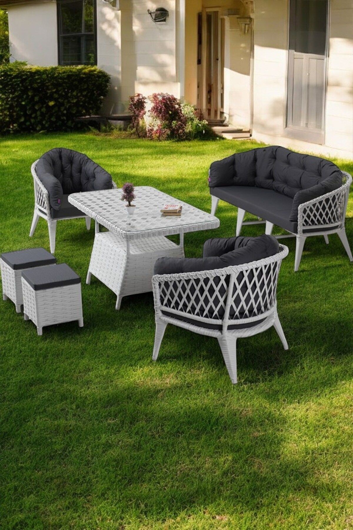 Liatris Serisi 1. Sınıf Beyaz Rattan Antrasit Minder Bahçe Takımı, Balkon Takımı