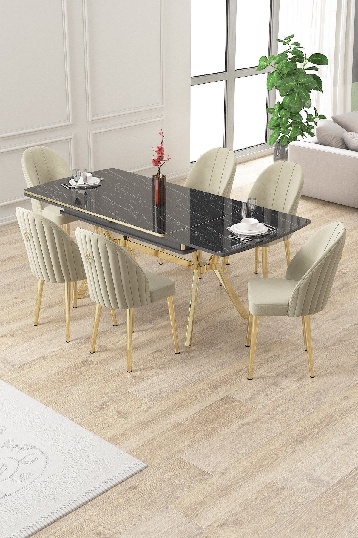 Sim Serisi 89x150 Açılabilir Lak Panel Sonata Masa ve 6 Sandalye Gold Kaplama Ayak