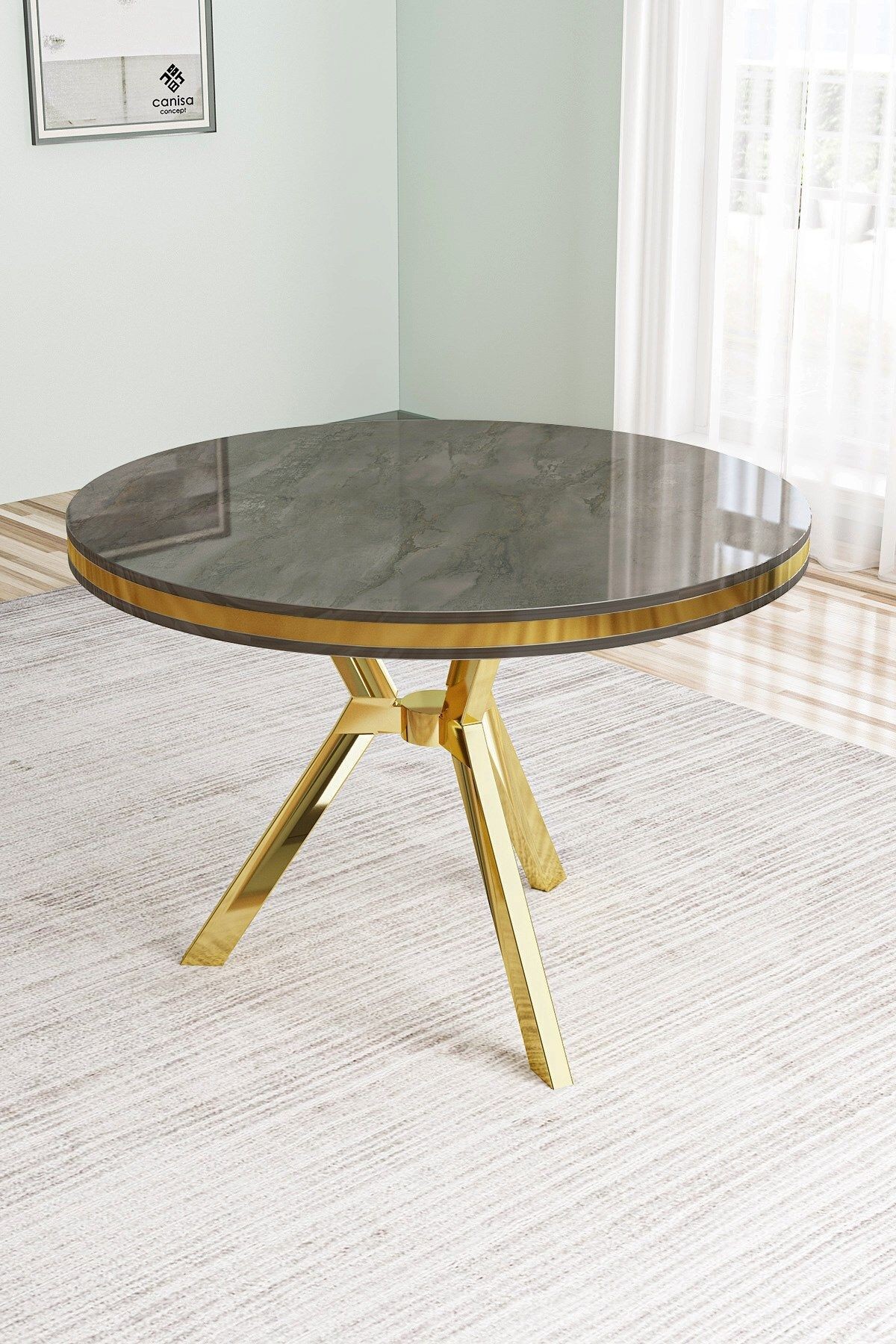 Mos Serisi 90x90 Lak Panel Antrasit İroni Gold Kaplama Ayaklı Masa Takımı ve 4 Sandalye