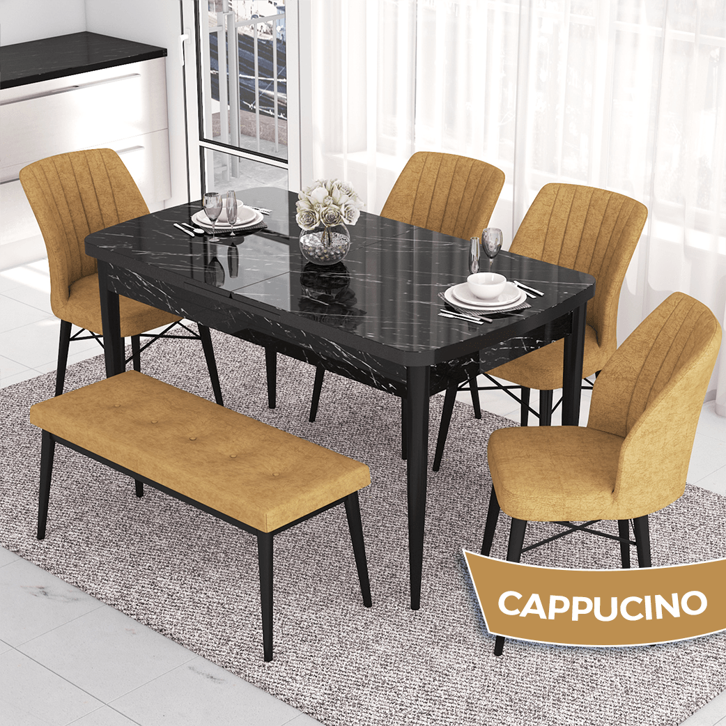 masa siyah mermer desen sandalyeler ve bench cappucino