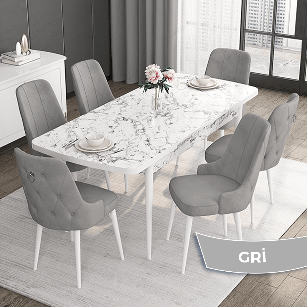 Noa Serisi 80x132 Mdf Açılabilir Gümüş Halka Beyaz Mermer Desen Masa Takımı Ve 6 Sandalye
