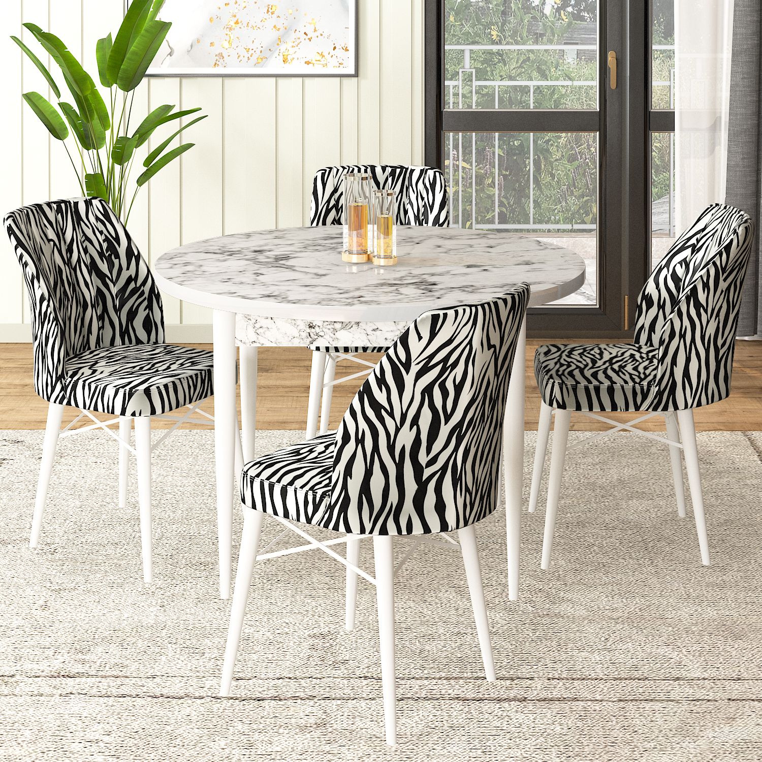 masa beyaz mermer desen sandalyeler zebra desen
