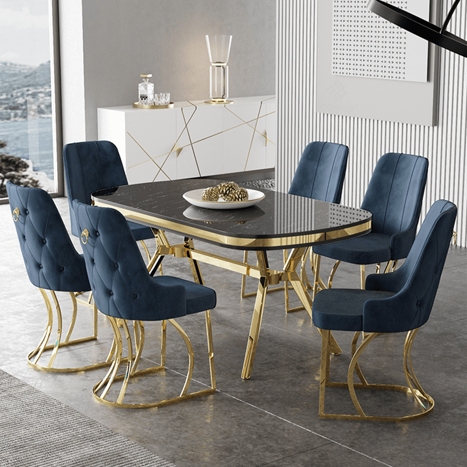 Epal Serisi 90x168 Lak Panel Sonata Masa ve 6 Sandalye Gold Kaplama Ayak