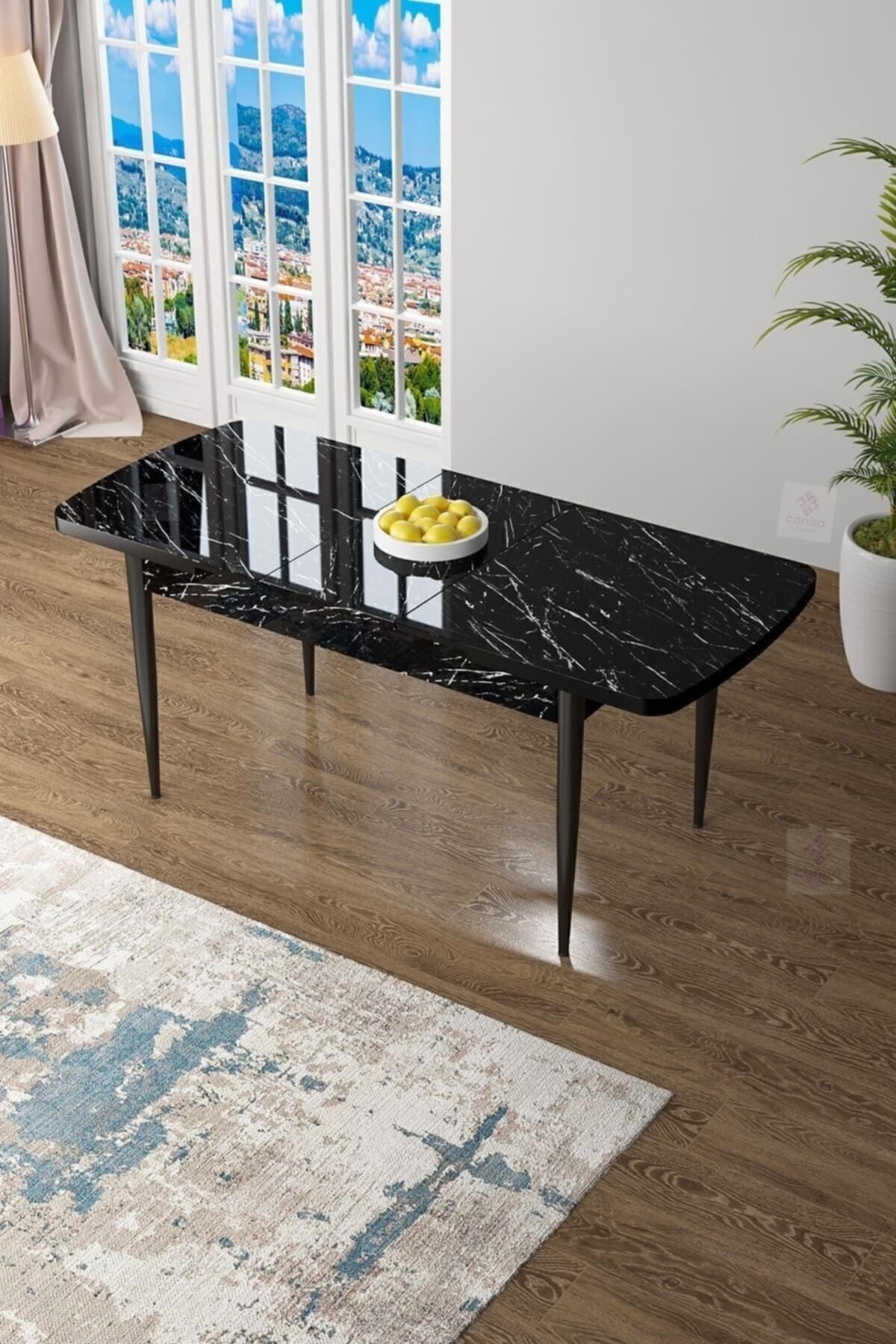 Zen Serisi 80x132 Mdf Açılabilir Siyah Mermer Desen Masa Takımı Ve 6 Sandalye
