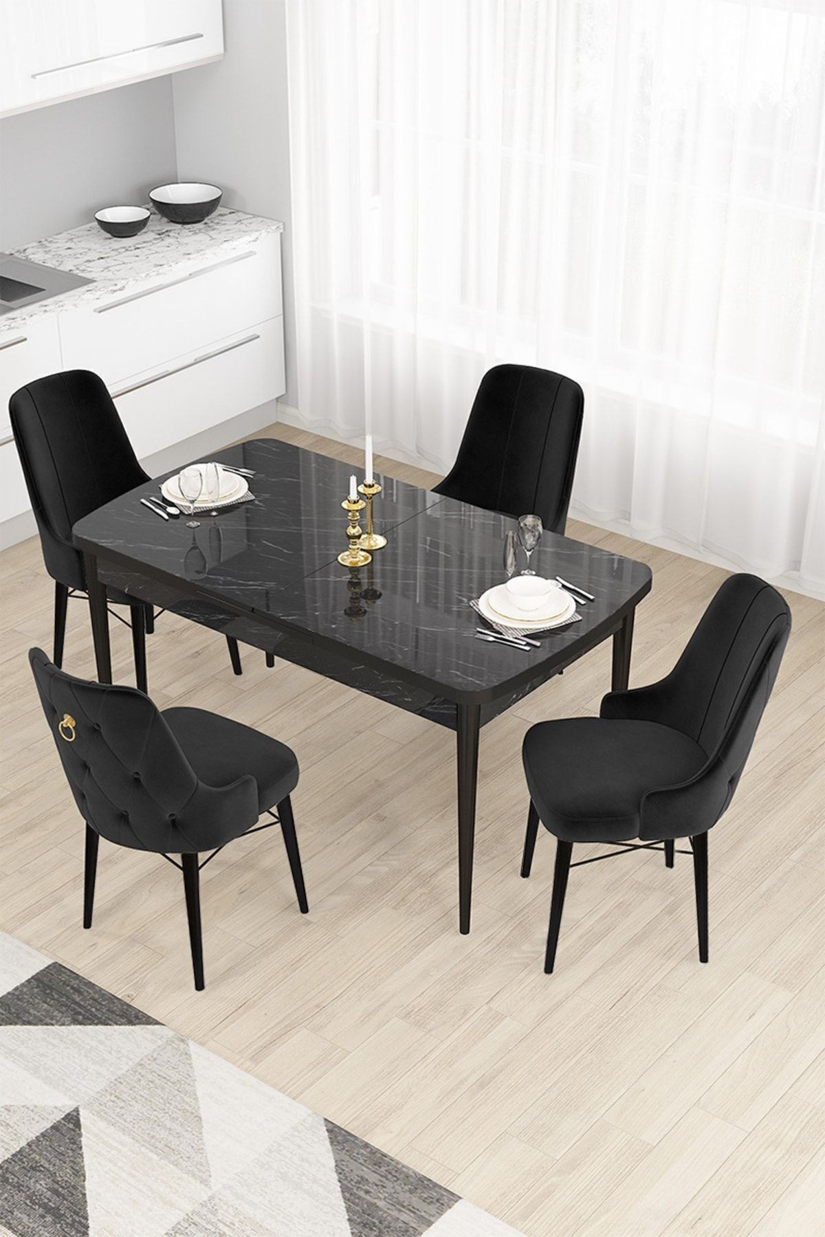 Taç Serisi 80x132 Açılabilir Gold Halka Siyah Mermer Desen Masa Takımı ve 4 Sandalye