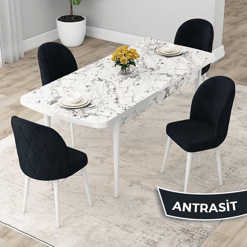 Rut Serisi 80x132 Açılabilir Beyaz Mermer Desen Masa Takımı Ve 4 Sandalye
