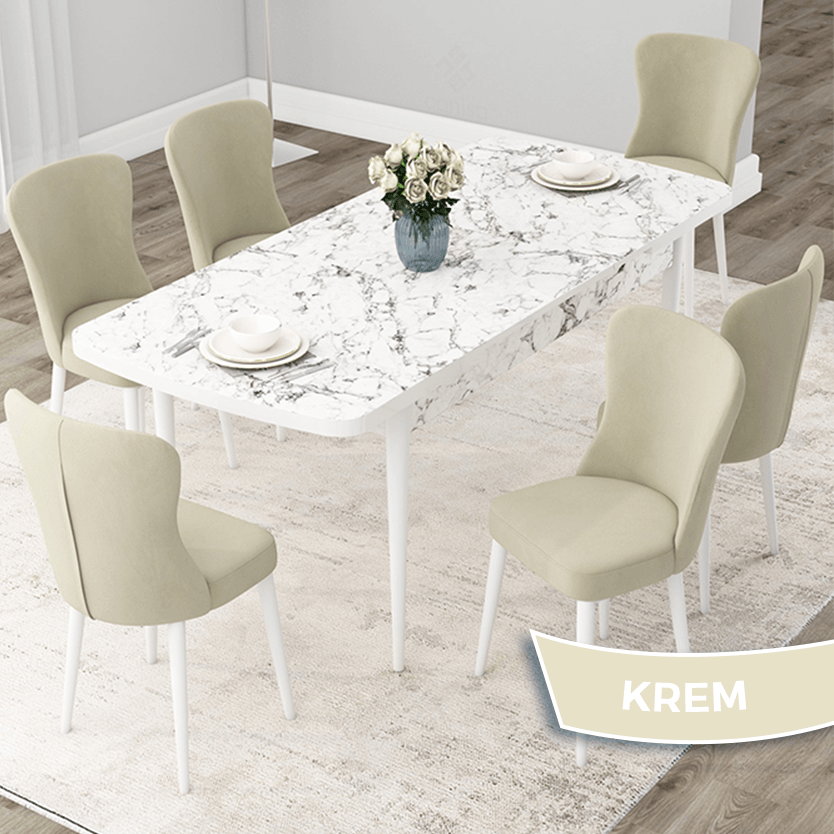 Krem Sandalye beyaz Mermer Desen Masaa