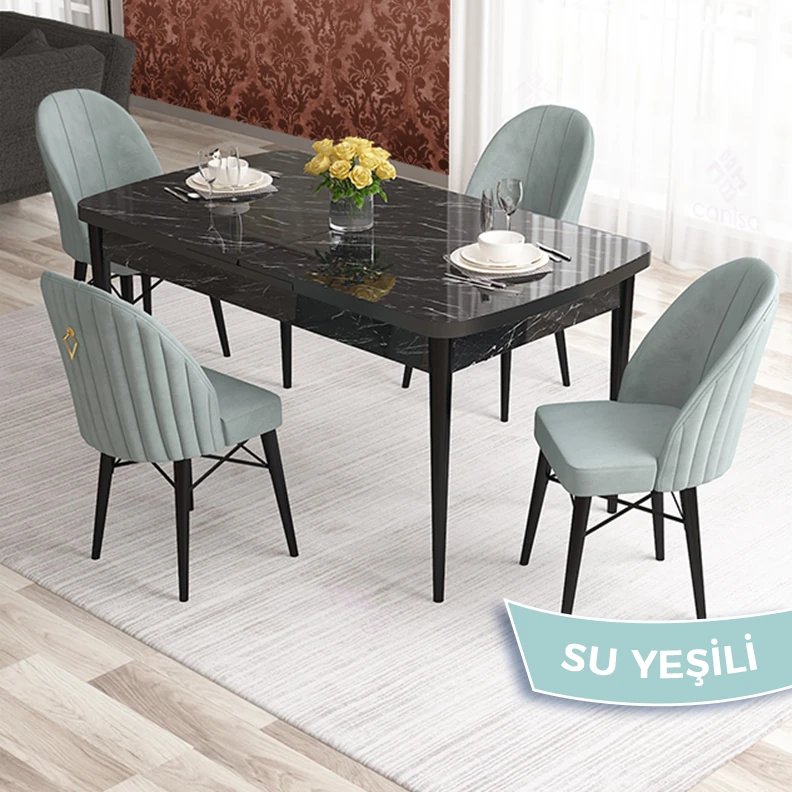 Elf Serisi 80x132 Açılabilir Siyah Mermer Desen Masa Takımı ve 4 Sandalye
