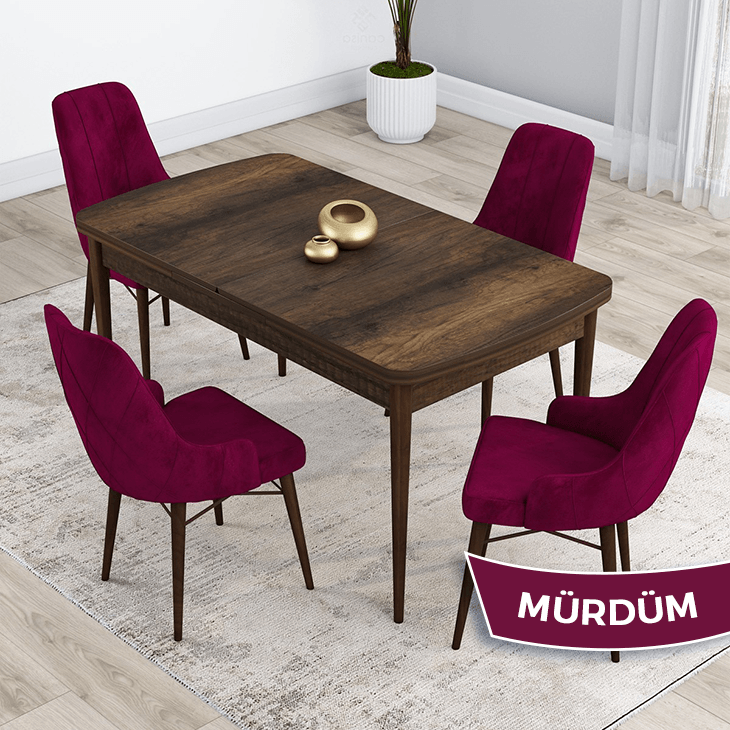 Kar Serisi 80X132 Mdf Açılabilir Barok Ahşap Desen Masa Takımı Ve 4 Sandalye