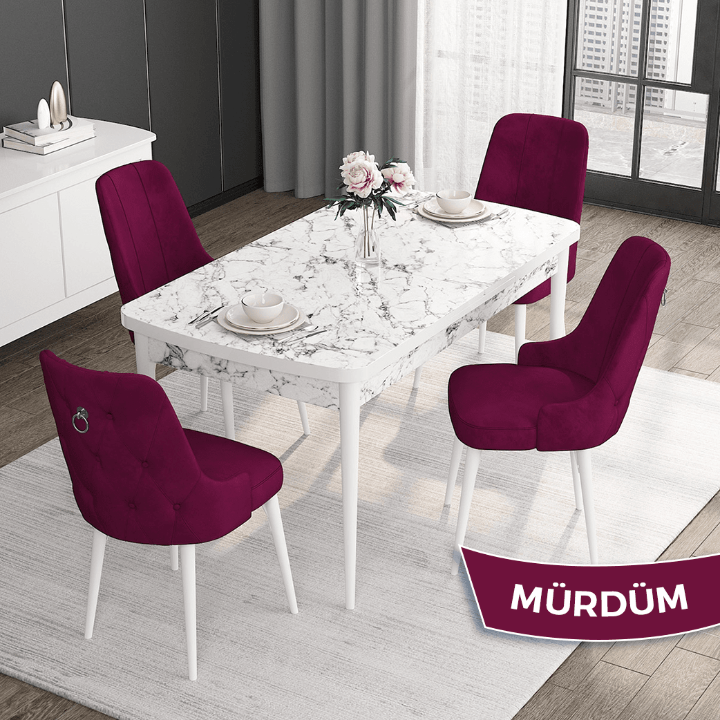 Masa Beyaz Mermer Desen Sandalye Mürdüm