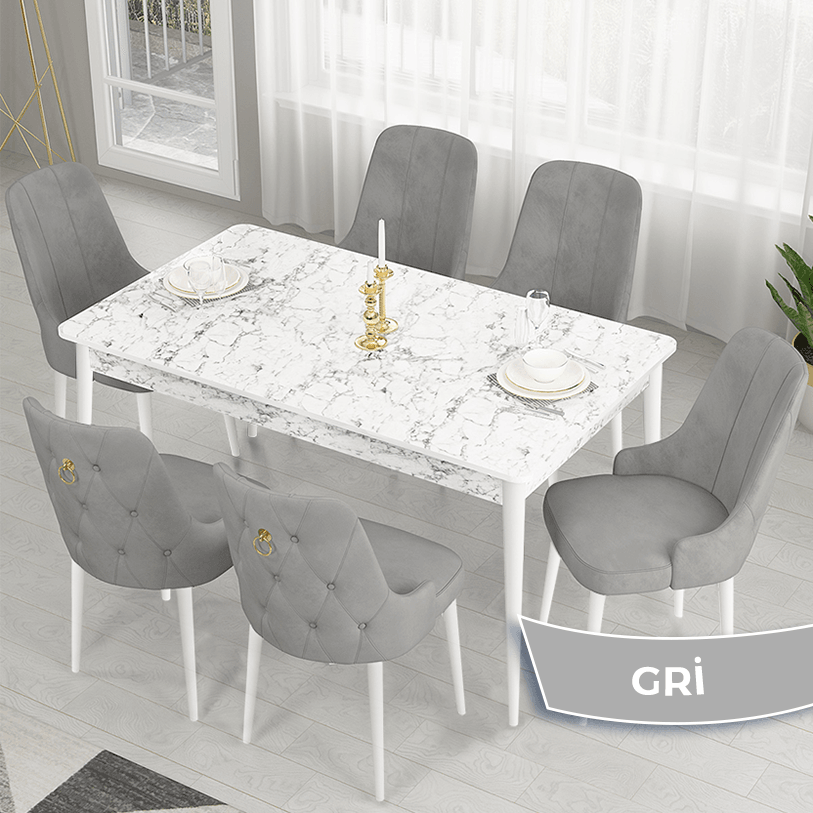 beyaz mermer masa,gri̇ sandalye