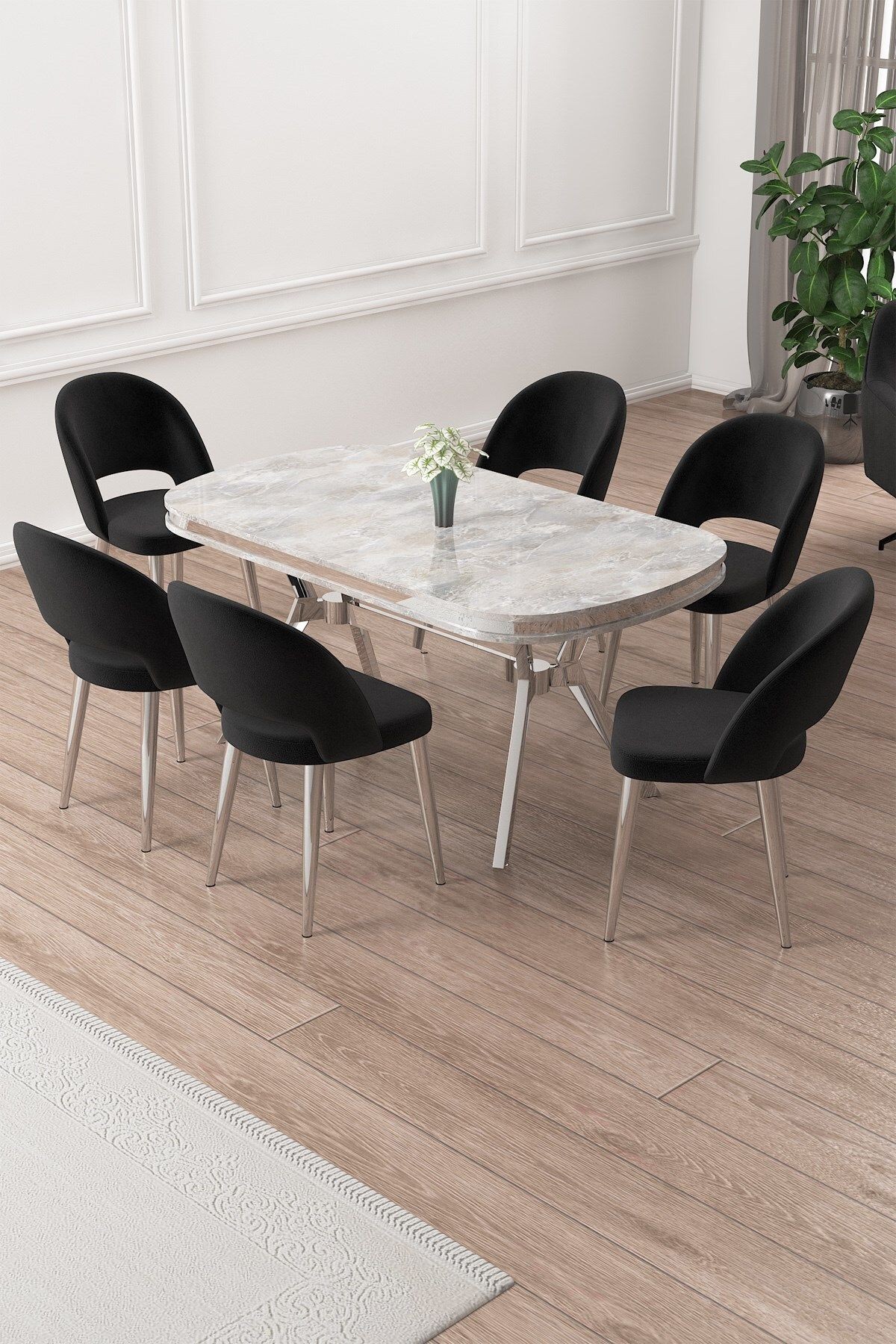 Jita Serisi 90x168 Lak Panel Rampla Gri Masa ve 6 Sandalye Krom Kaplama Ayak