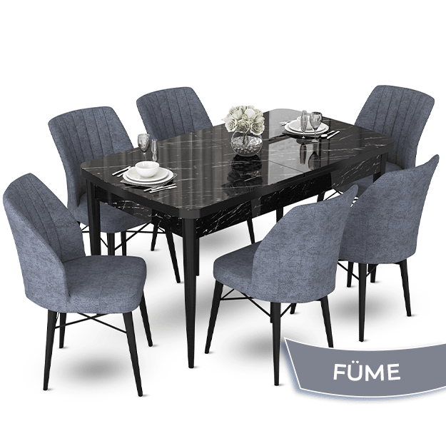 Siyah Mermer Desen Masa Füme Sandalye