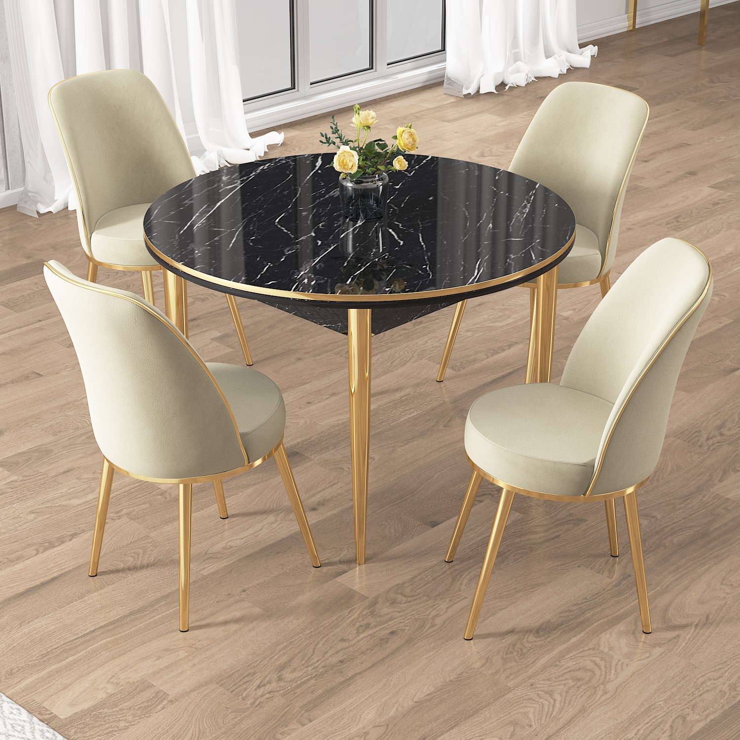 Osle Serisi 90x90 Sabit Yuvarlak Gold Ayak Siyah Mermer Desen Masa Takımı Ve 4 Sandalye