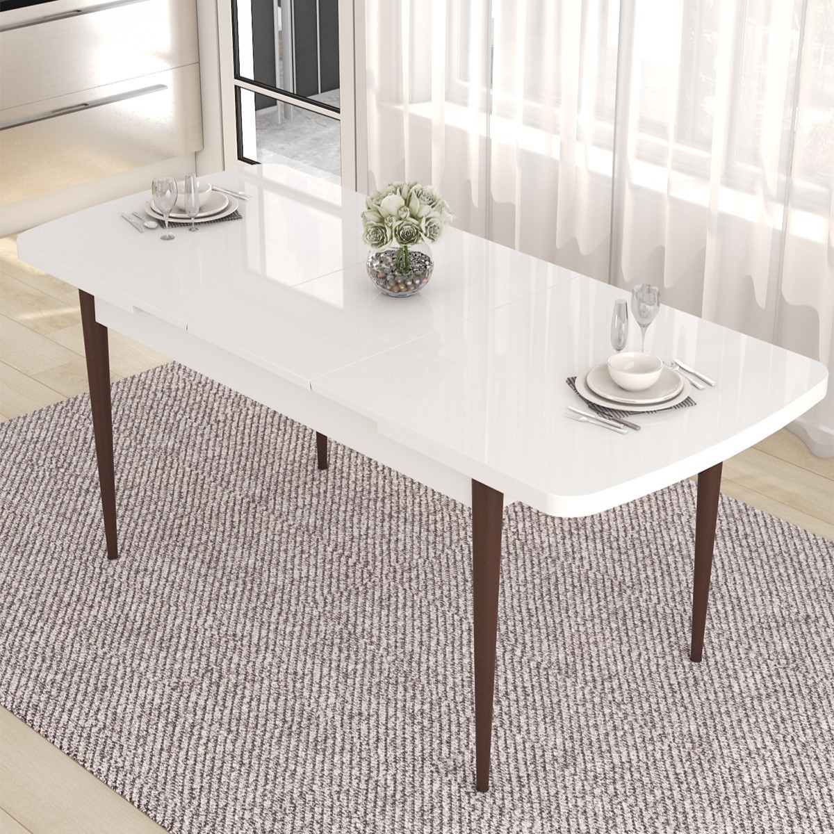 Nef Serisi 70x114 Açılabilir Mdf Beyaz Masa Ceviz Ayak Masa Takımı ve 4 Sandalye