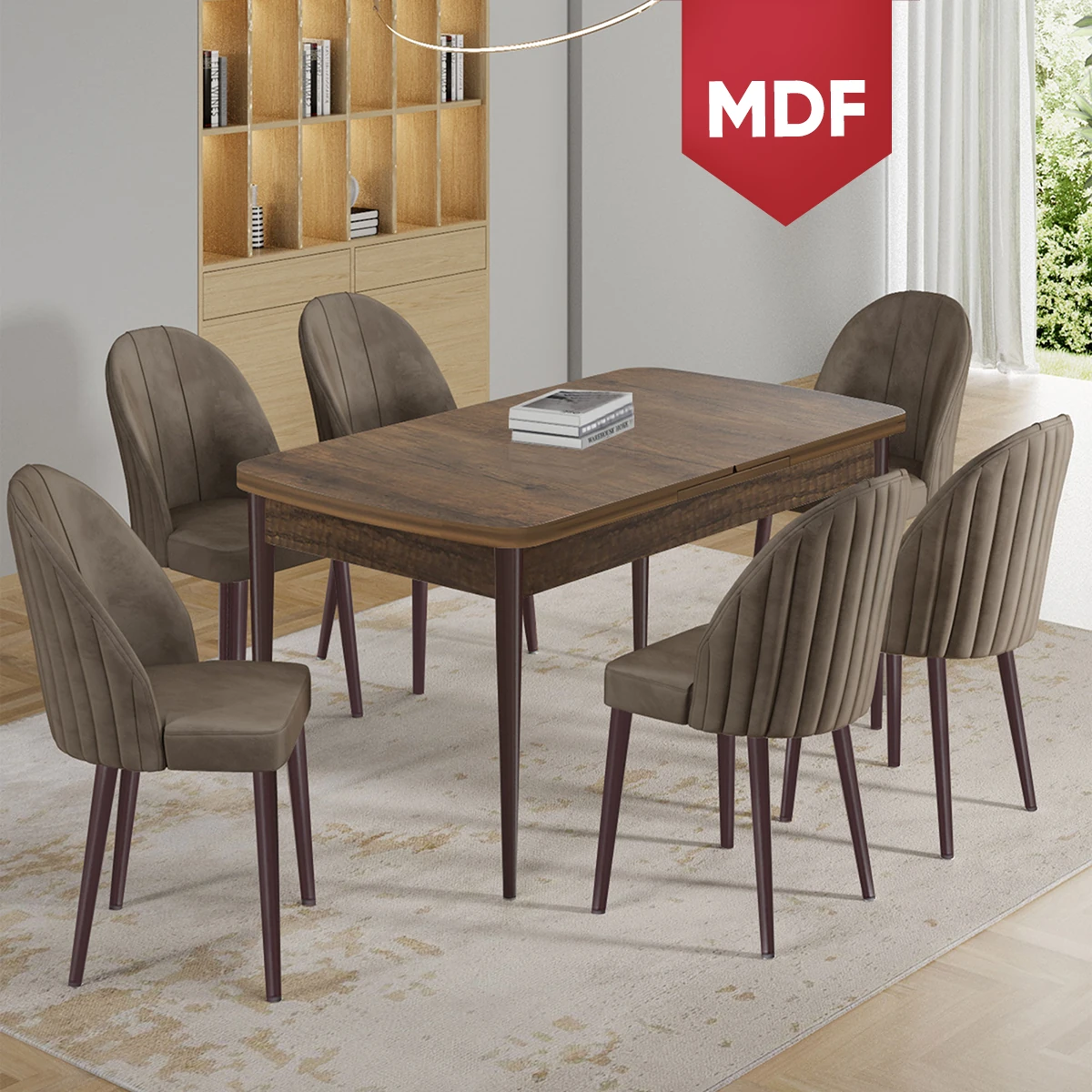 Enya Serisi 80x132 MDF Açılabilir Barok Ahşap Desen Masa Takımı ve