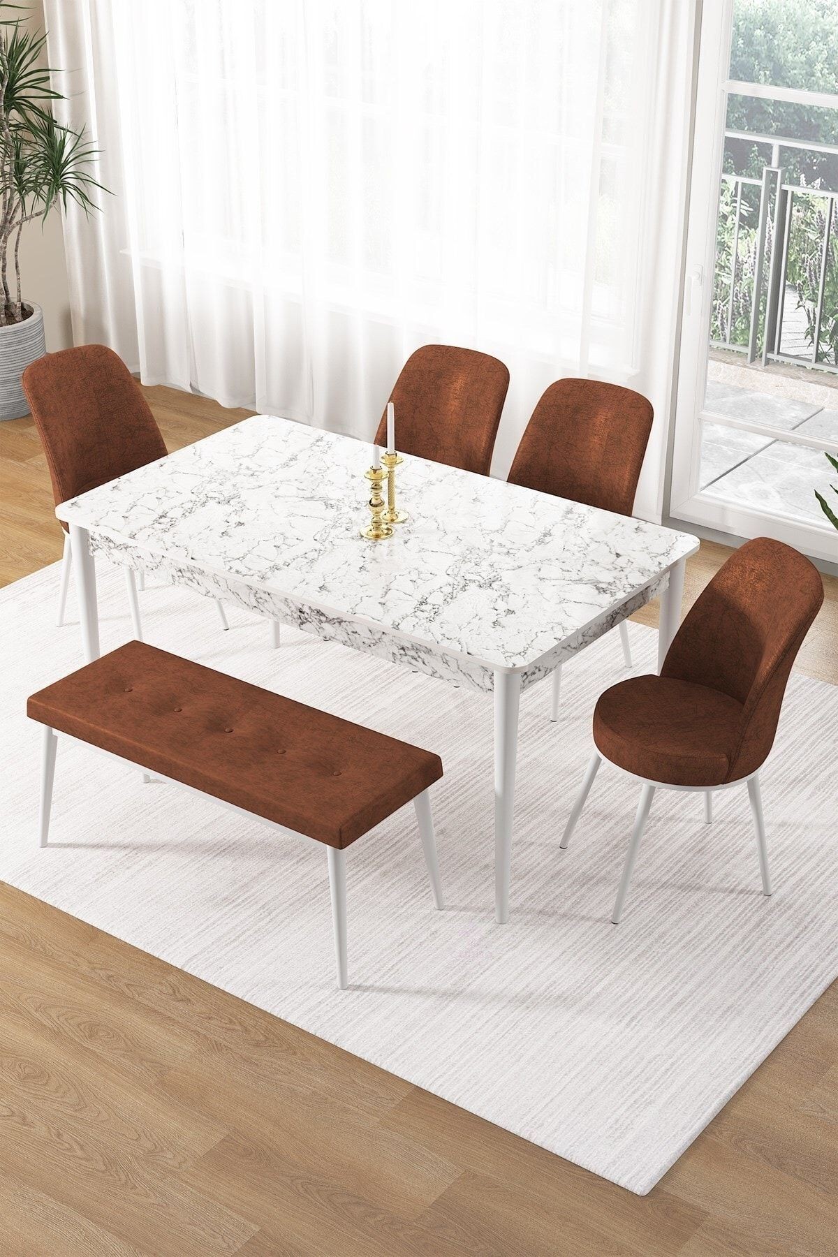 Pir Serisi 80x130 Sabit Beyaz Mermer Desen Masa Takımı 4 Sandalye Ve 1 Bench