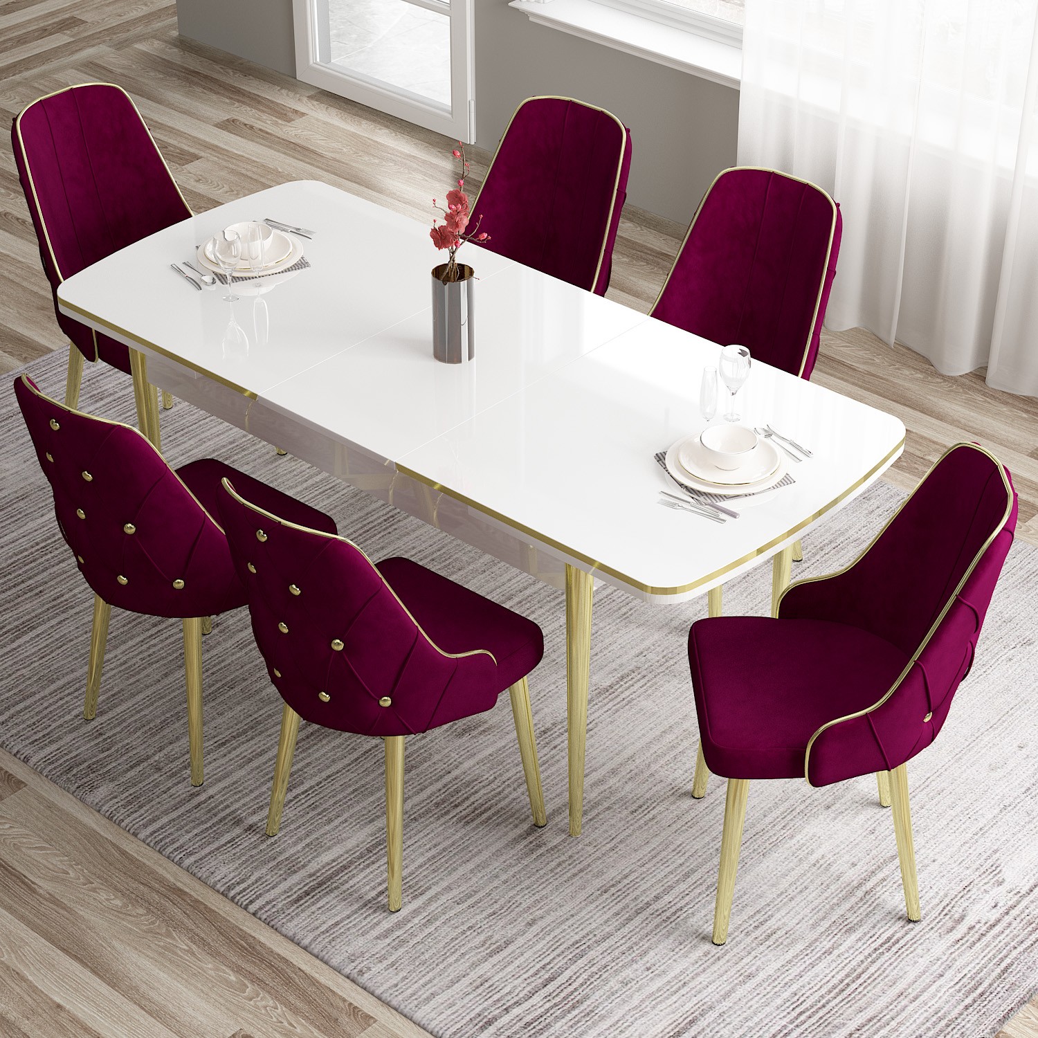 Tia Serisi 80x132 Mdf Açılabilir Gold Ayak Beyaz Masa Takımı Ve 6 Sandalye