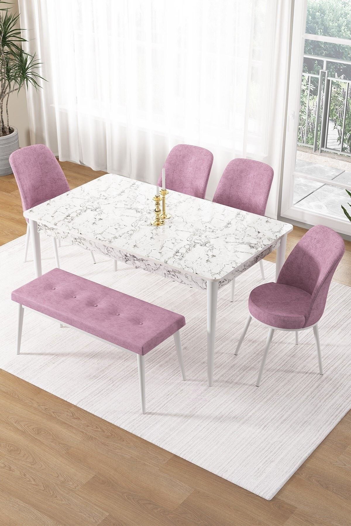 masa beyaz mr sandalye ve bench pembe ayak beyaz