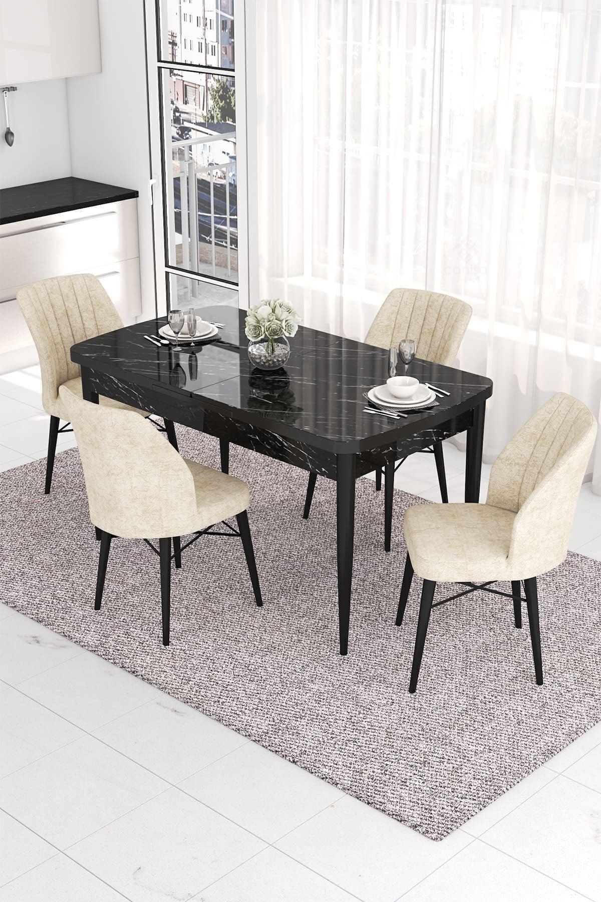 Eva Serisi 80x132 Açılabilir Mdf Siyah Mermer Desen Masa Takımı Ve 4 Sandalye