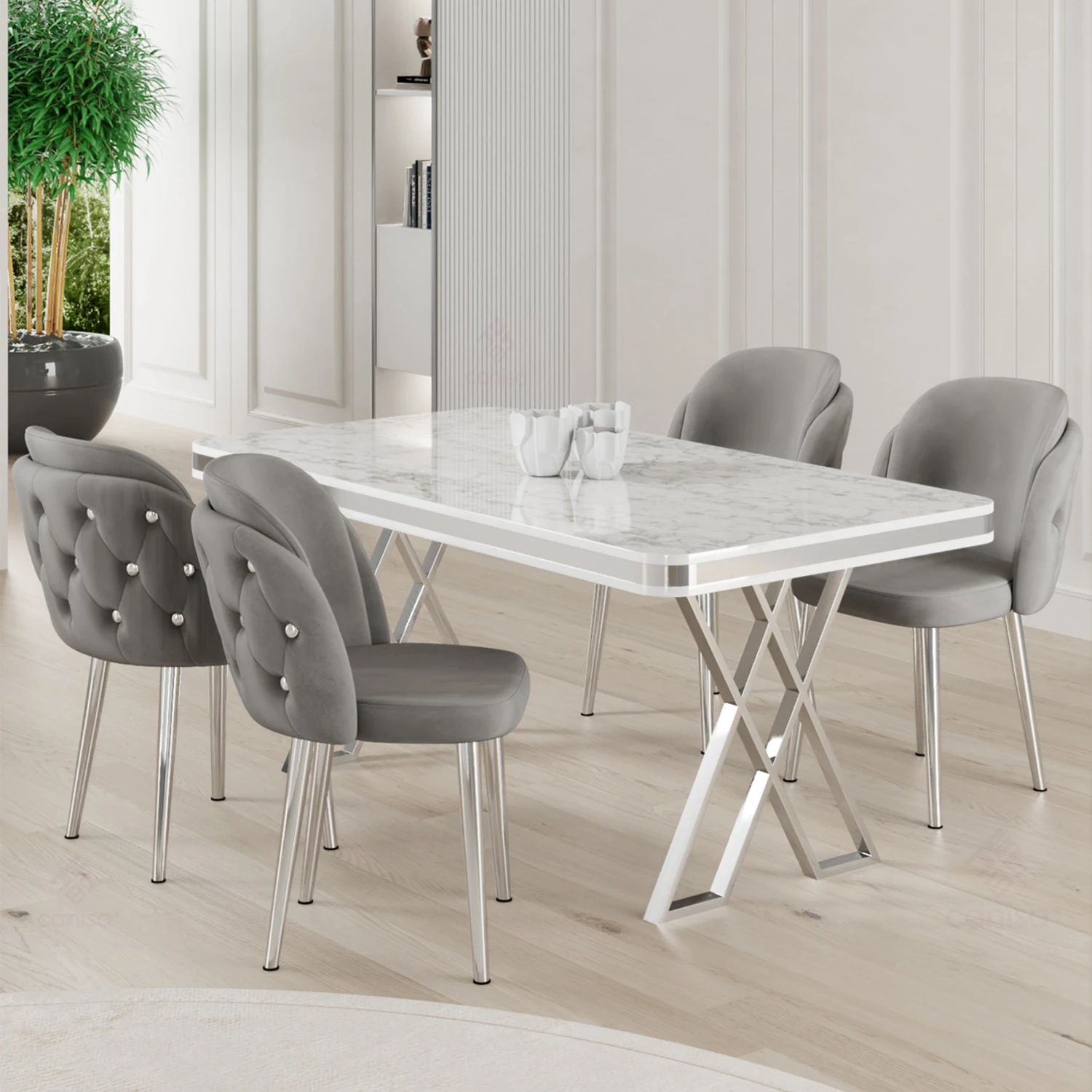 Masa Beyaz Mermer Desen Sandalye gri