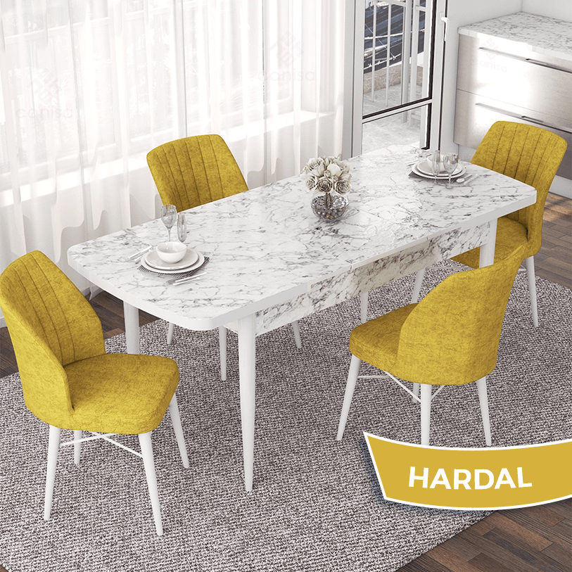masa beyaz mermer desen sandalye hardal