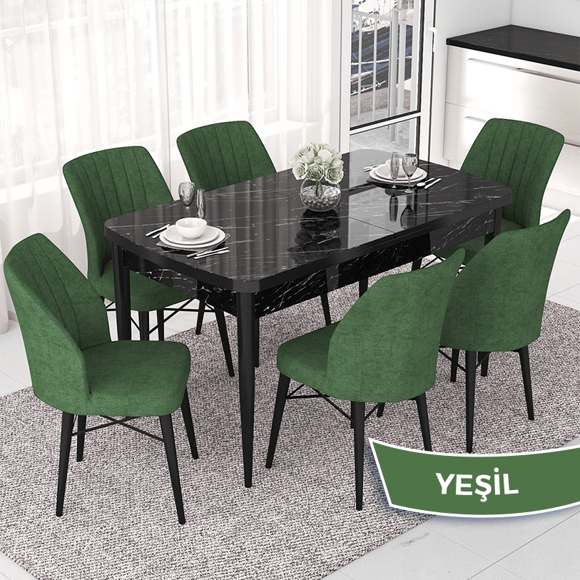 masa siyah mermer sandalye haki yeşili