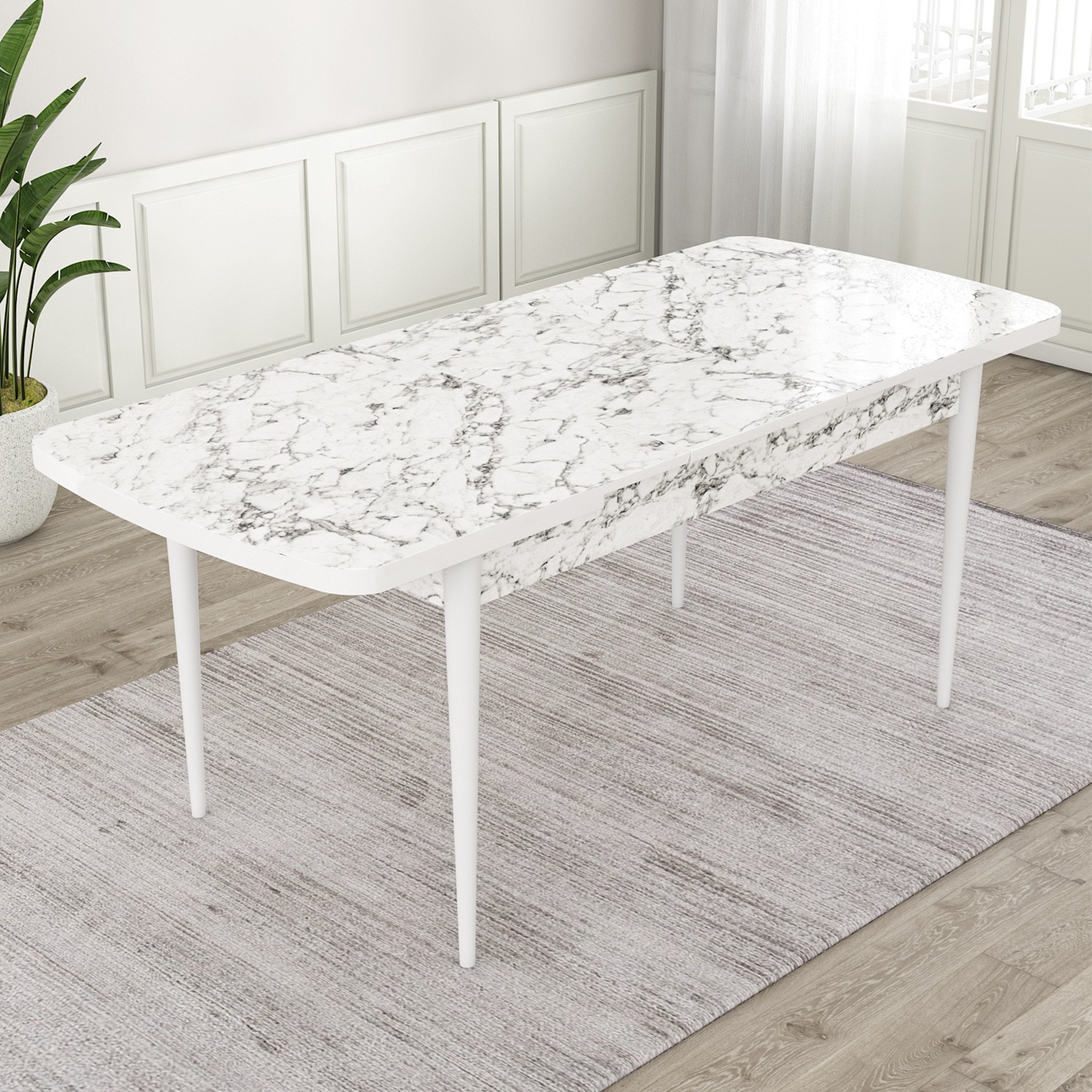 Oga Serisi 80x132 Açılabilir Beyaz Mermer Desen Masa Takımı Ve 6 Sandalye