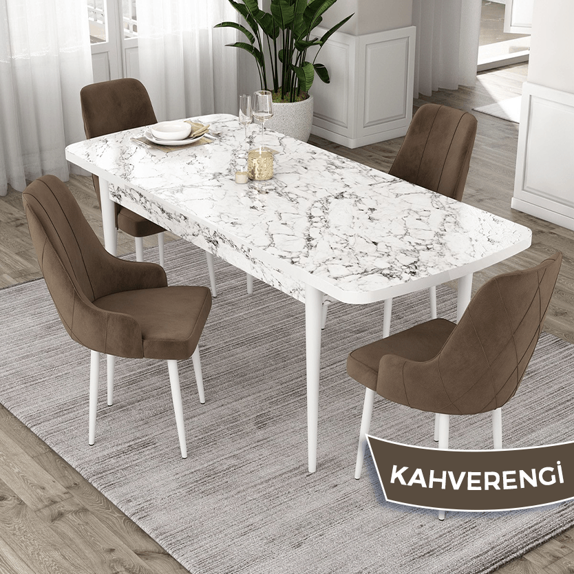 masa beyaz mermer desen sandalye kahverengi