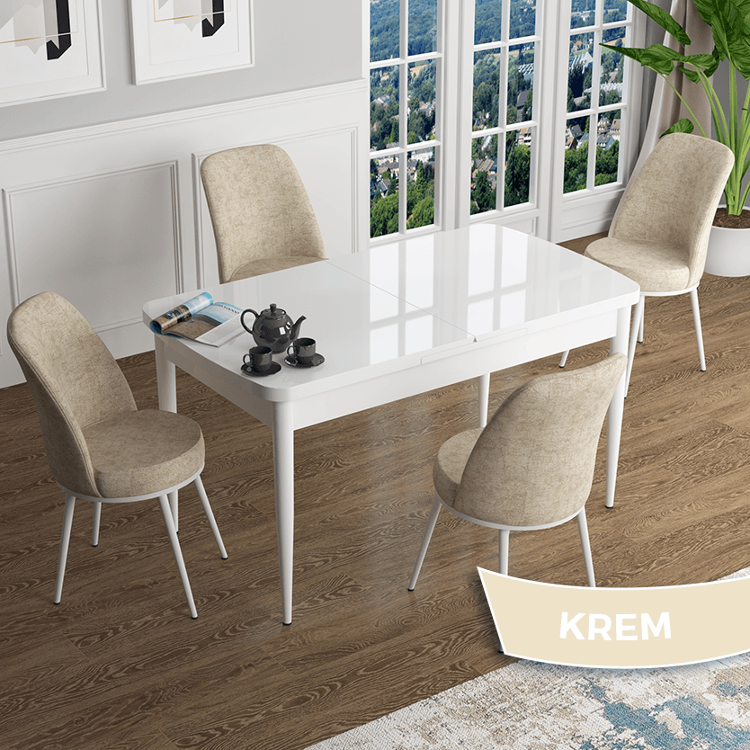 Han Serisi 70x114 Açılabilir Mdf Beyaz Mutfak Masası Takımı ve 4 Sandalye