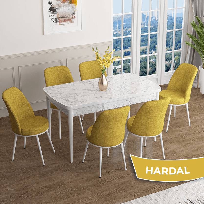 masa beyaz mermer desen sandalye hardal