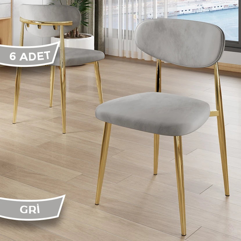 Laos Serisi 6 Adet Mutfak Sandalyesi Gold Kaplama Metal Ayak 1.Sınıf Babyface Kumaş