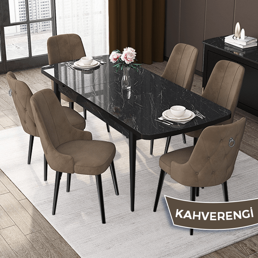 Nex Serisi 80x132 Mdf Açılabilir Gümüş Halka Siyah Mermer Desen Masa Takımı Ve 6 Sandalye