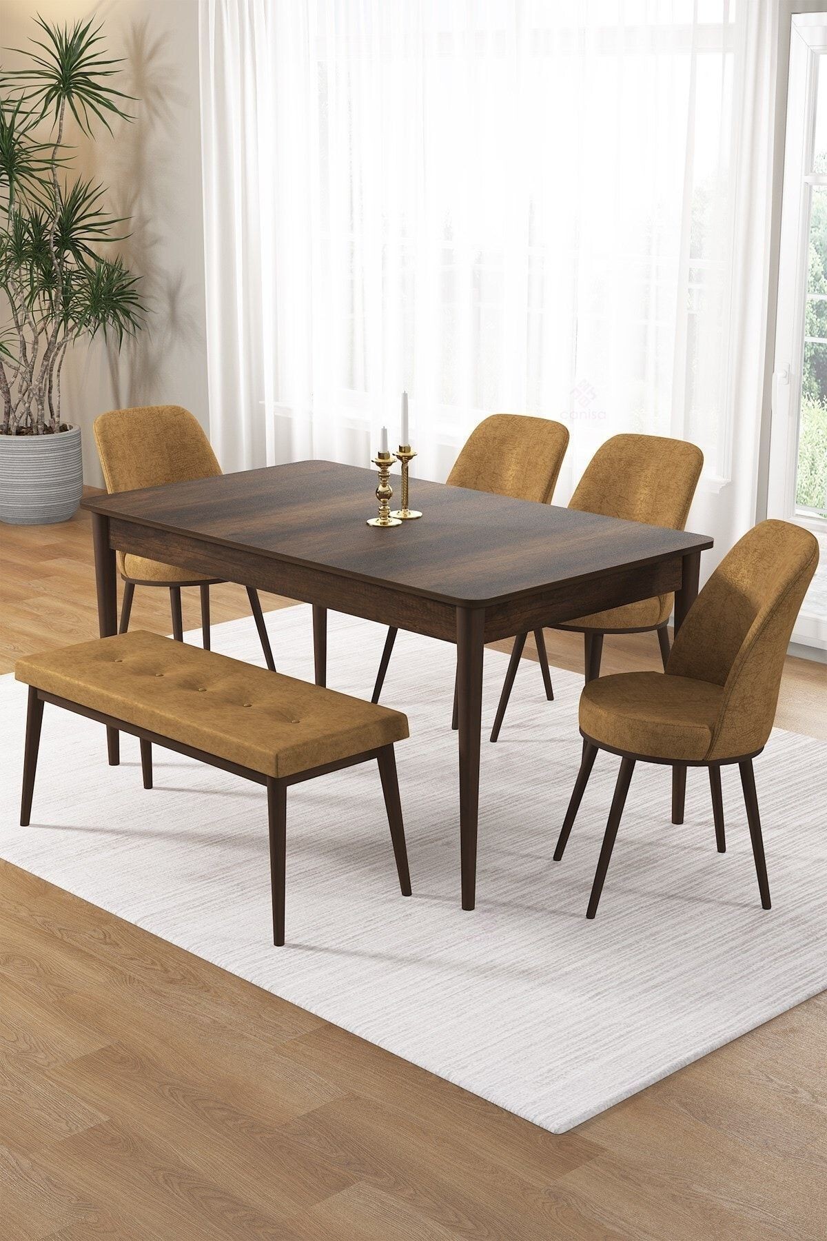 Pir Serisi 80x130 Sabit Barok Ahşap Desen Masa Takımı 4 Sandalye Ve 1 Bench