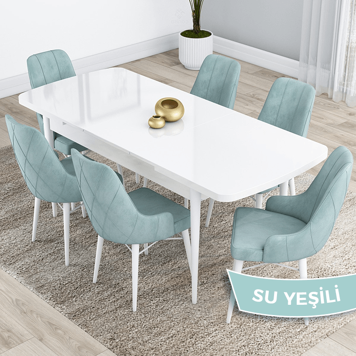 Kar Serisi 80X132 Mdf Açılabilir Beyaz Masa Takımı Ve 6 Sandalye