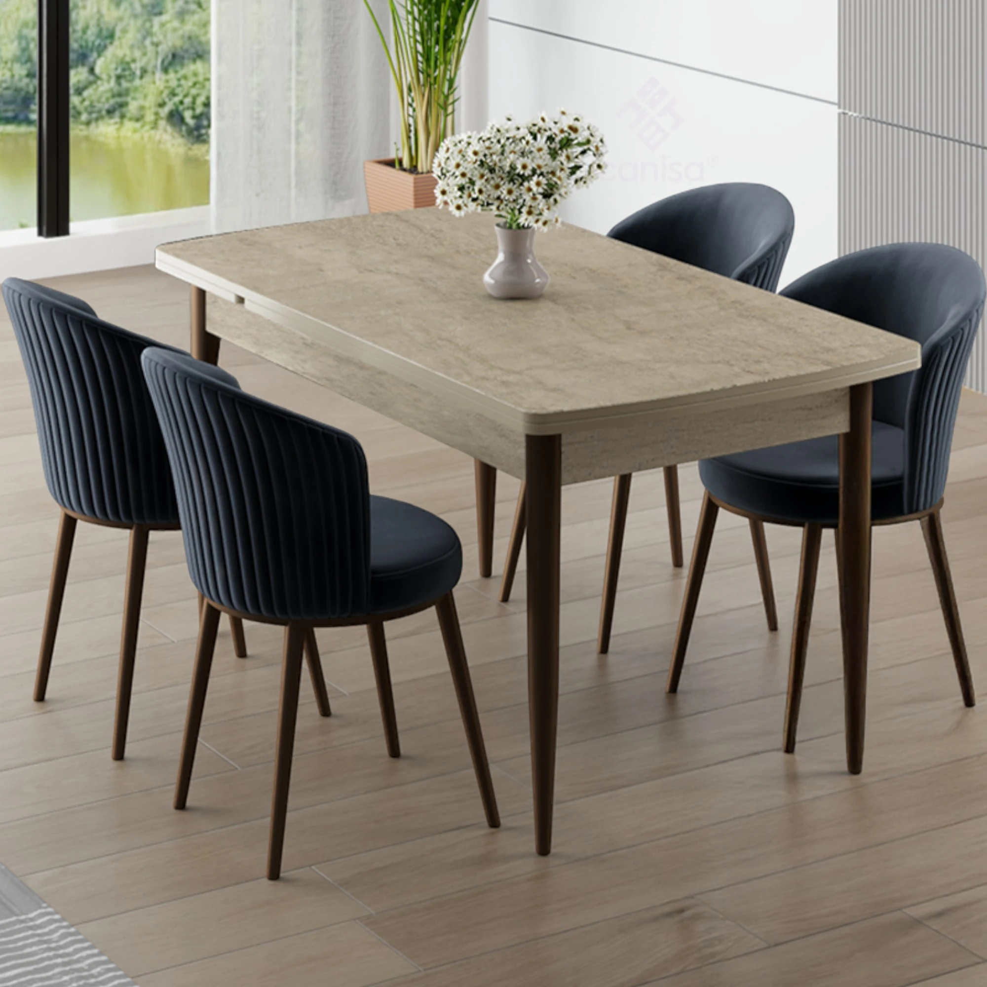 Asfel Serisi MDF 77x130 Traverten Yandan Açılabilir Mutfak Masası Takımı 4 Sandalye