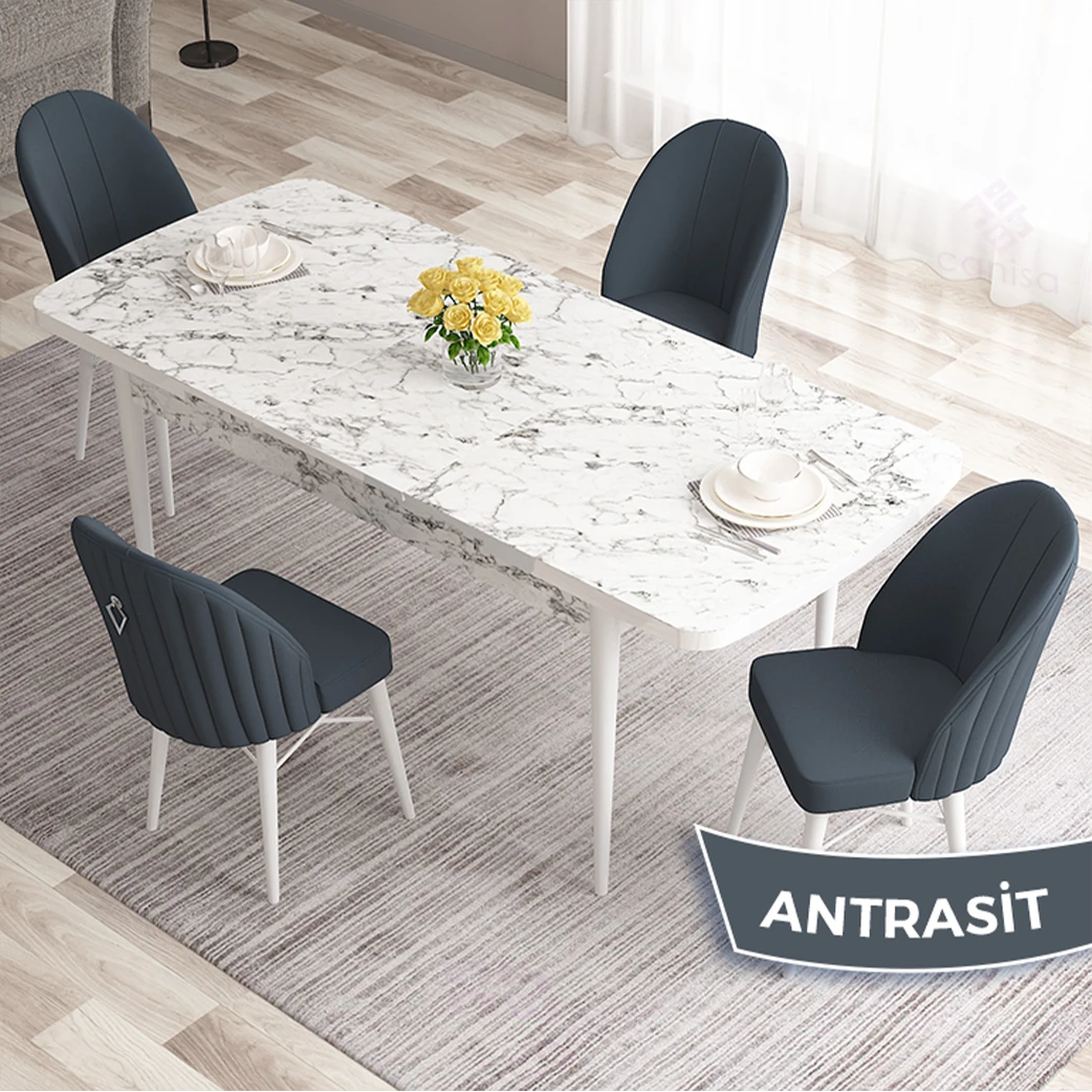 Antrasit Sandalye beyaz Mermer Desen Masaa