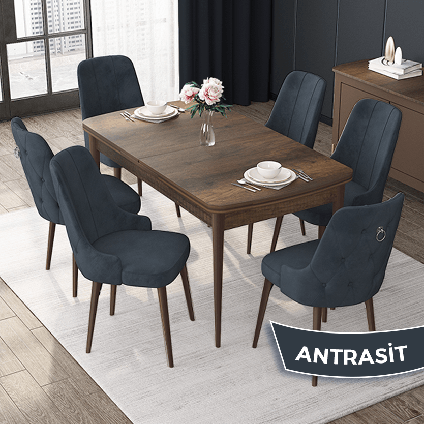 Barok Ahşap Desen Masa Antrasit Sandalye