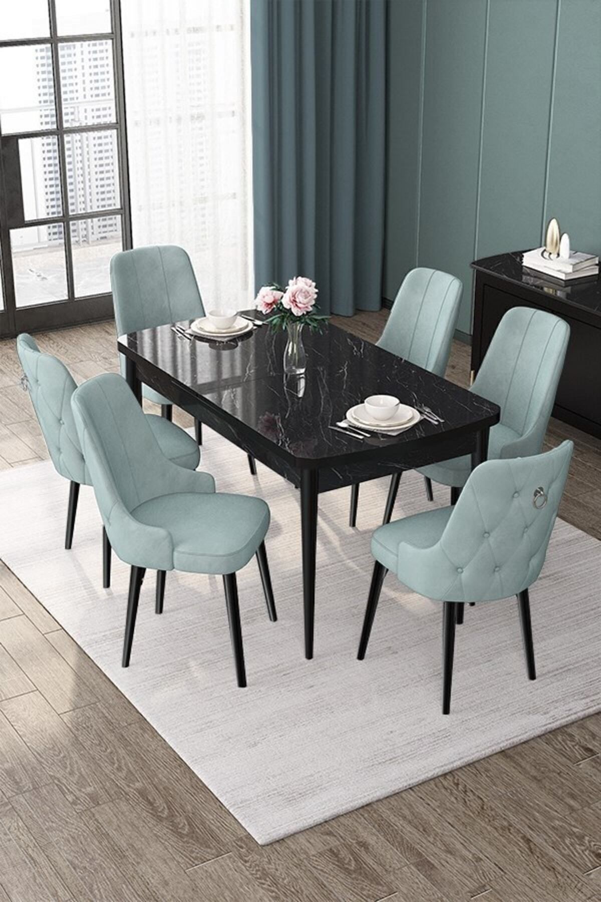 Nex Serisi 80x132 Mdf Açılabilir Gümüş Halka Siyah Mermer Desen Masa Takımı Ve 6 Sandalye