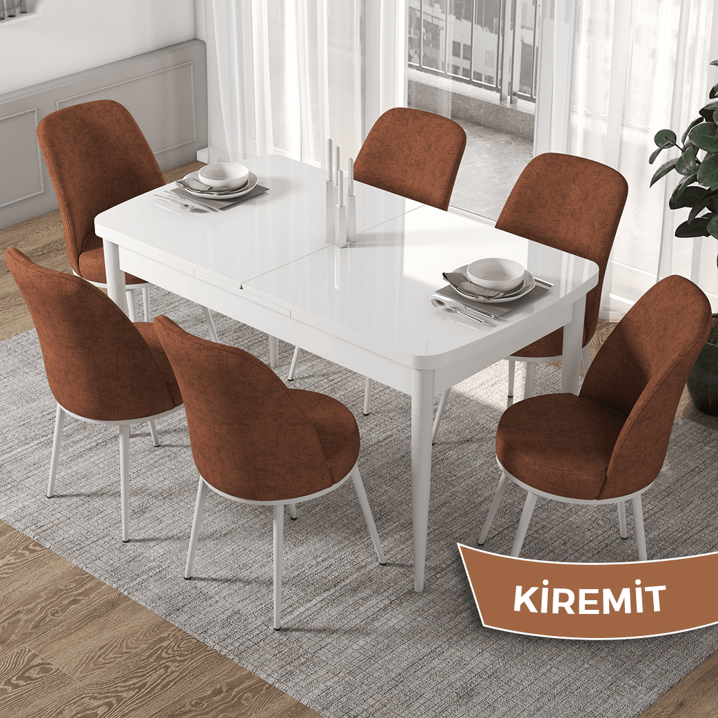 Kor Serisi 70x114 Açılabilir Beyaz Mutfak Masası Takımı ve 6 Sandalye