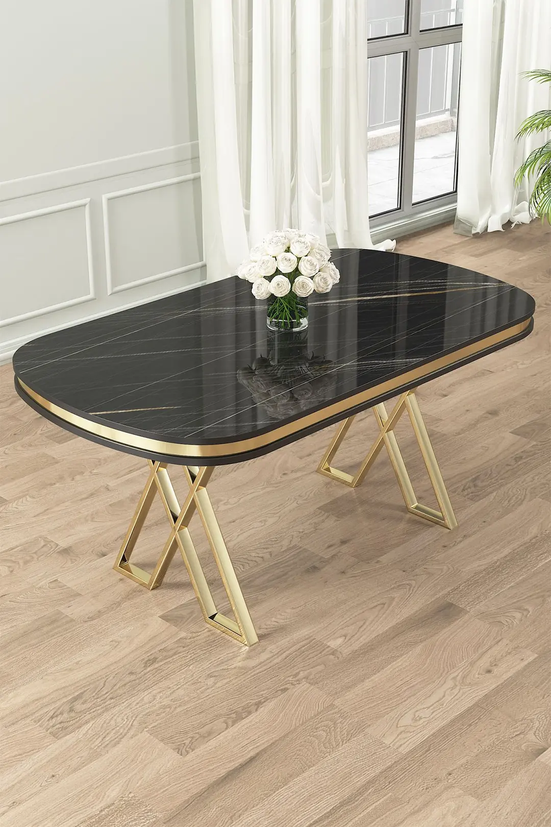 Zae Serisi 90x168 Lak Panel Sonata Masa ve 6 Sandalye Gold Kaplama