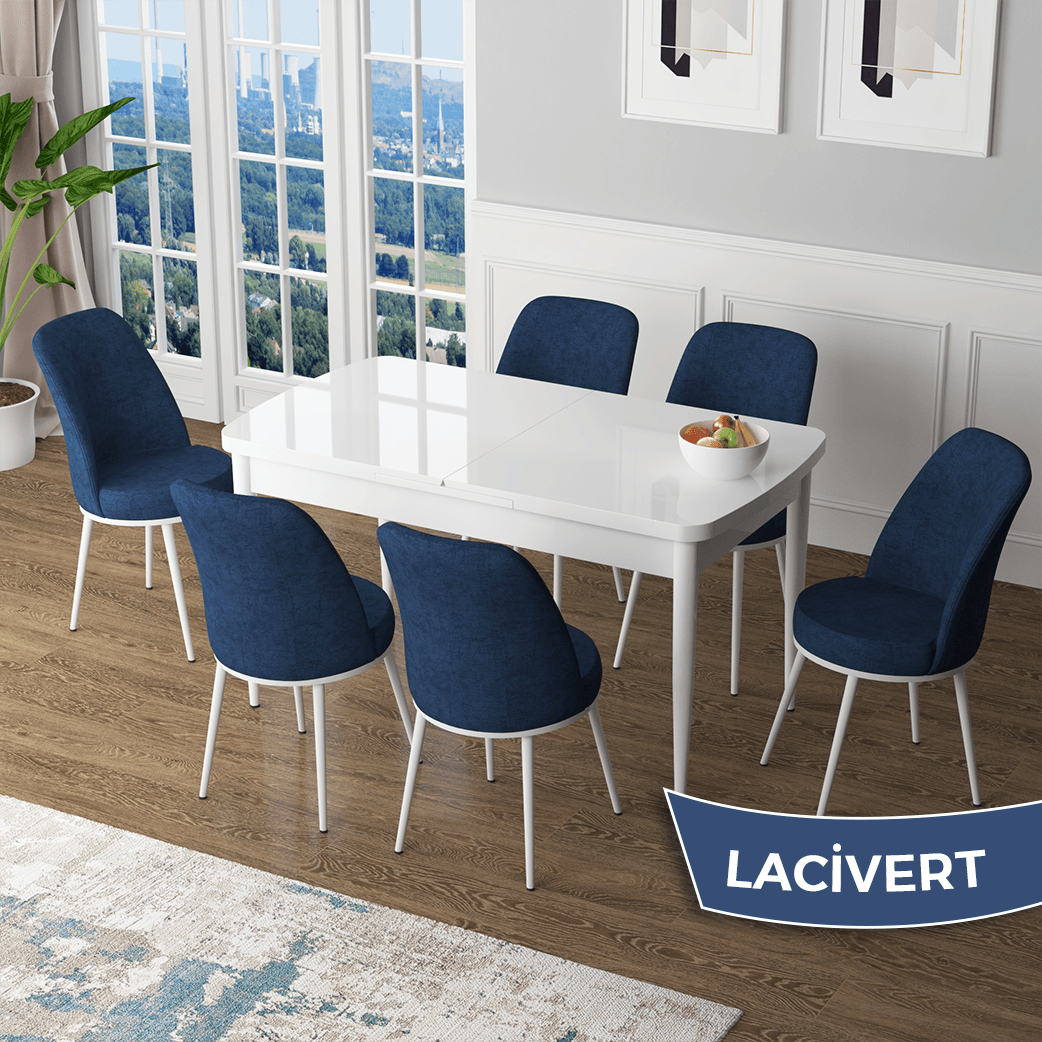 masa beyaz sandalyeler lacivert
