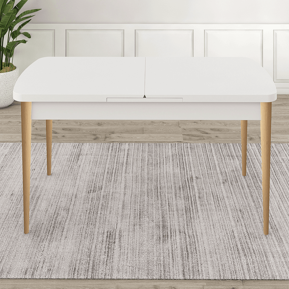 Ves Serisi 80x132 Açılabilir Mdf Beyaz Masa Doğal Ahşap Ayak Masa Takımı Ve 4 Sandalye