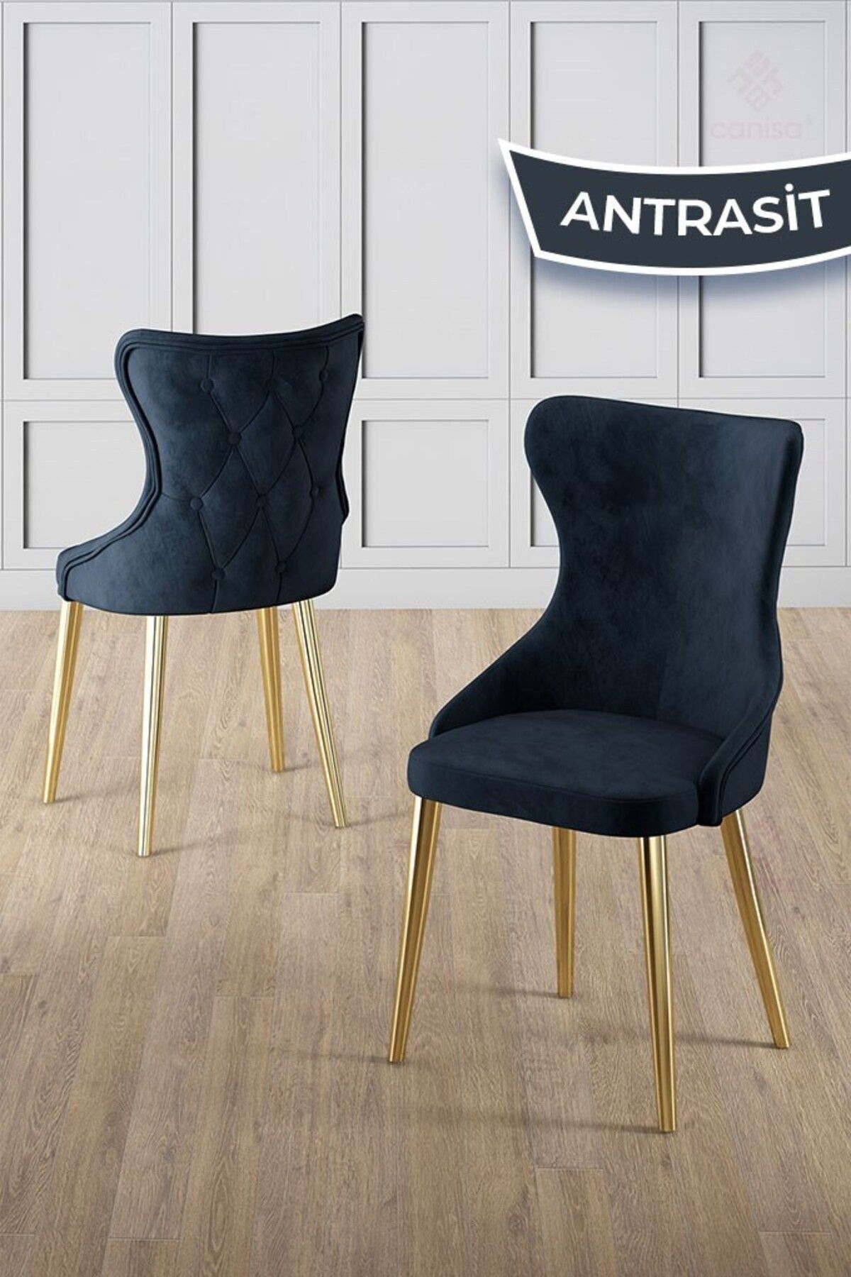 Esla Serisi 90x160 Lak Panel Antrasit İroni Masa ve 6 Sandalye Gold Kaplama Ayak