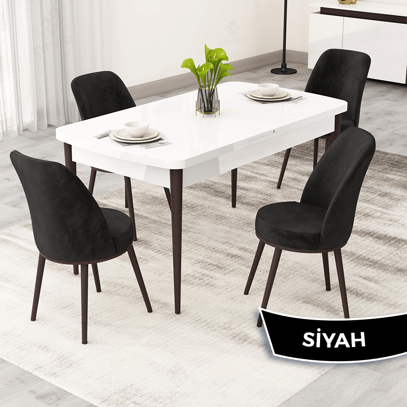 beyaz masa ayakları ceviz sandalye siyah