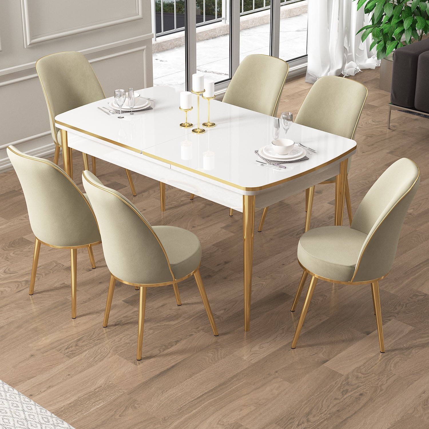 Pale Serisi 80x132 Açılabilir Beyaz Gold Detay Masa Takımı ve 6 Sandalye