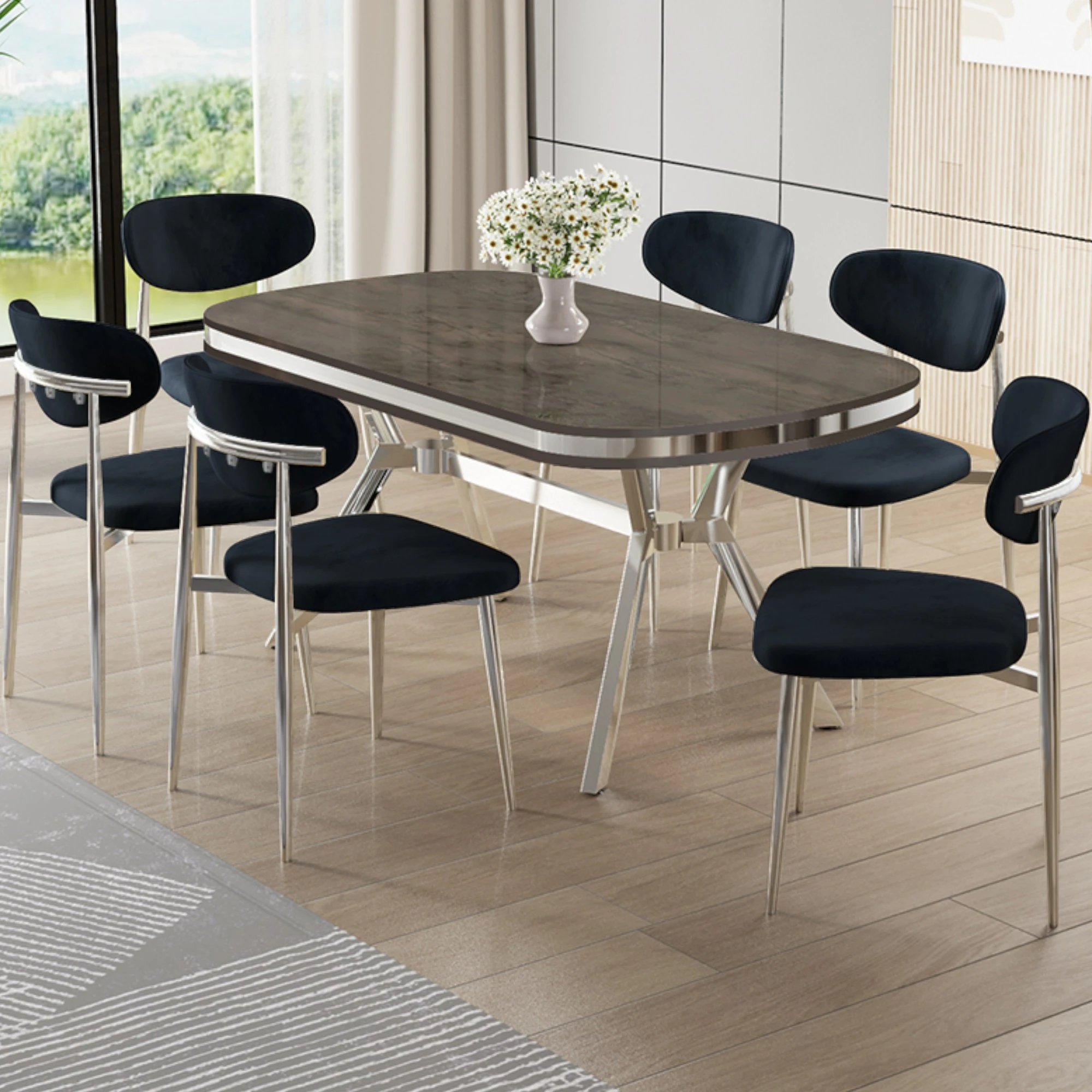 Antrasit İroni Masa Antrasit Sandalye Krom Ayak.